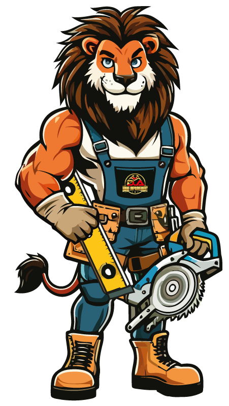 The DA Home Improvement lion mascot in work overalls holding a circular saw.